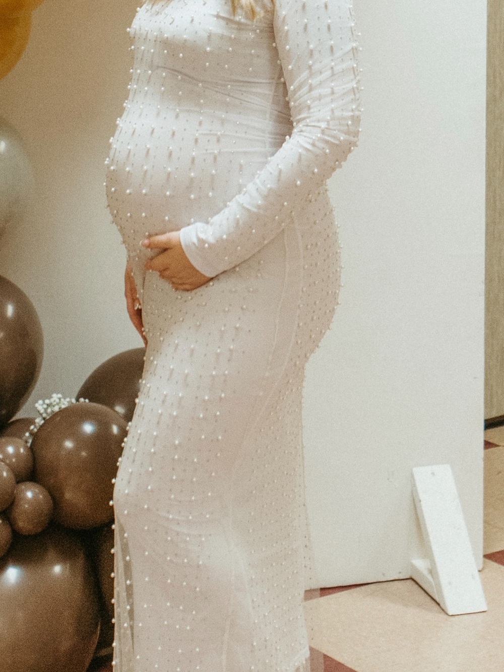 Elegant White Maternity Pearl-Embellished Long Sleeve Dress